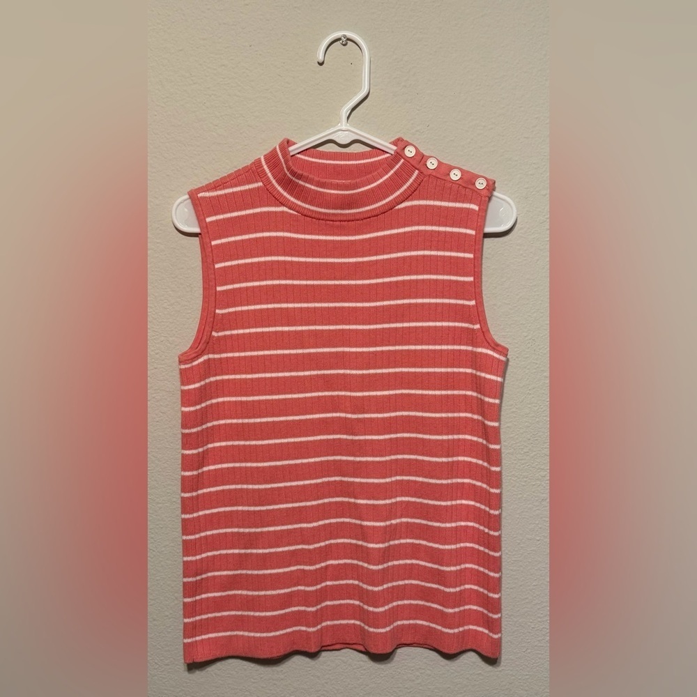 Talbots Coral and White Striped Ribbed Tank with Button Shoulder- Size Medium